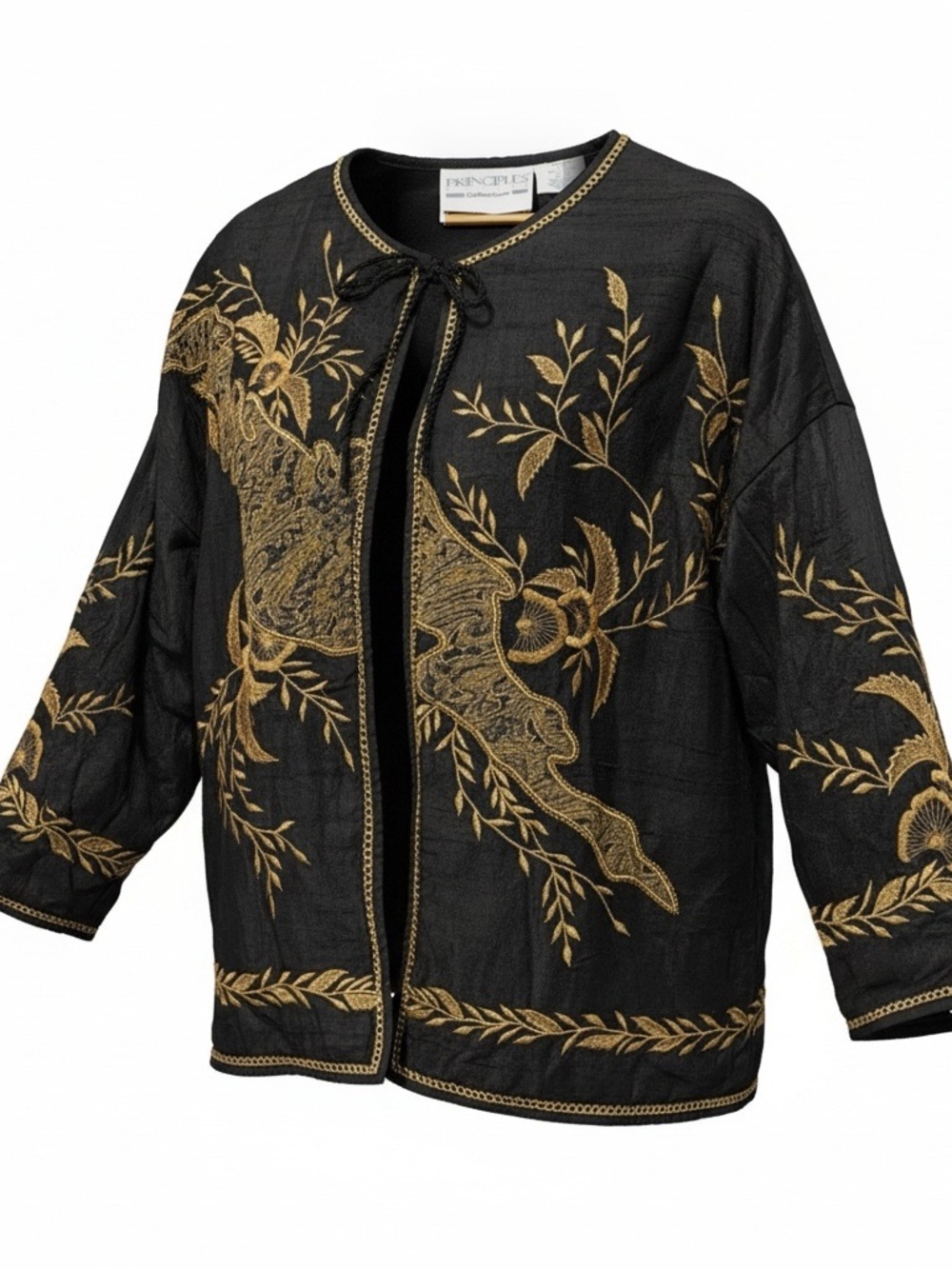 Whimsigoth Style Embroidered Black & Gold Tie-Front Jacket in Silk